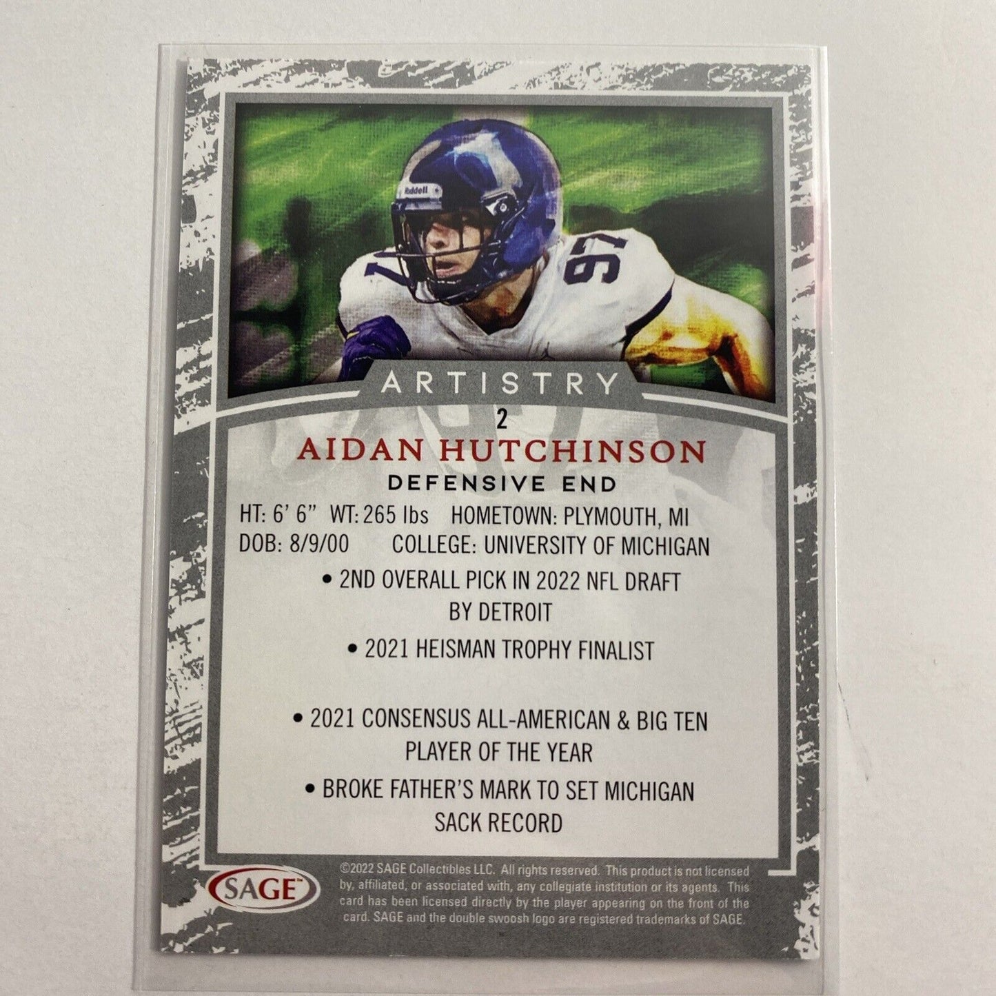 Aidan Hutchenson 2022 Sage Artistry 2 Black Michigan Wolverines Detroit Lions