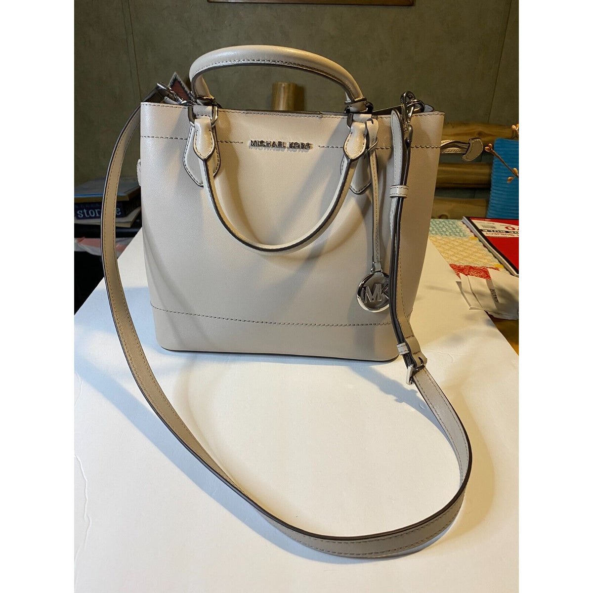 Michael Kors Eden Cement Gray Drawstring Grab Bag Leather