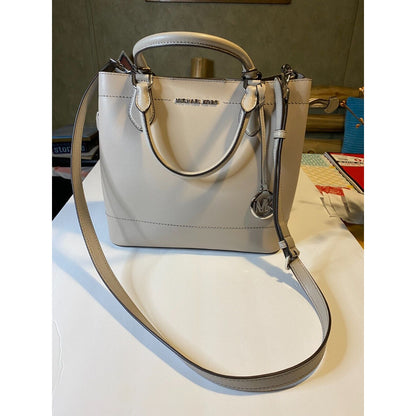 Michael Kors Eden Cement Gray Drawstring Grab Bag Leather