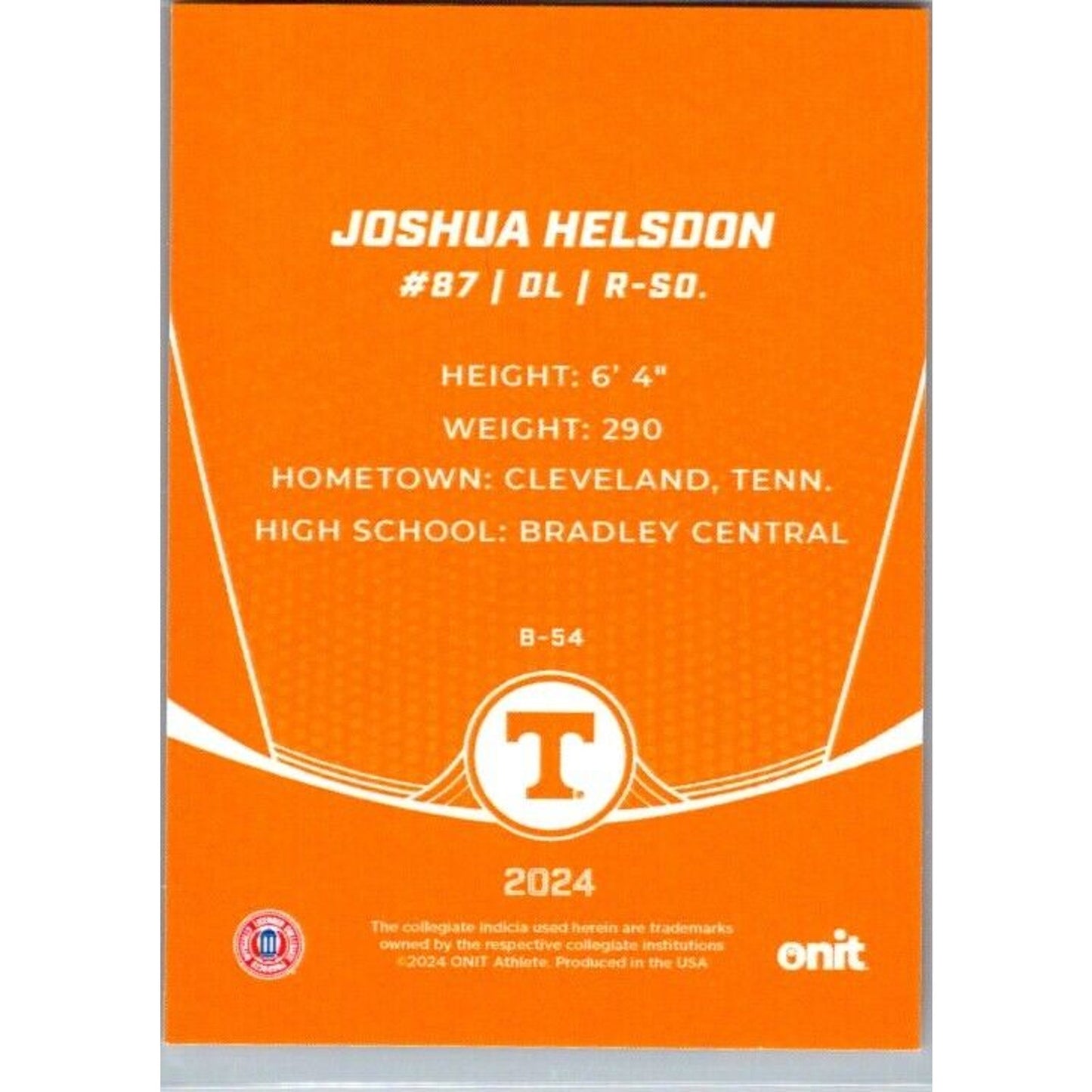 2024 Onit Football #B-54 Joshua Helsdon Tennessee Volunteers