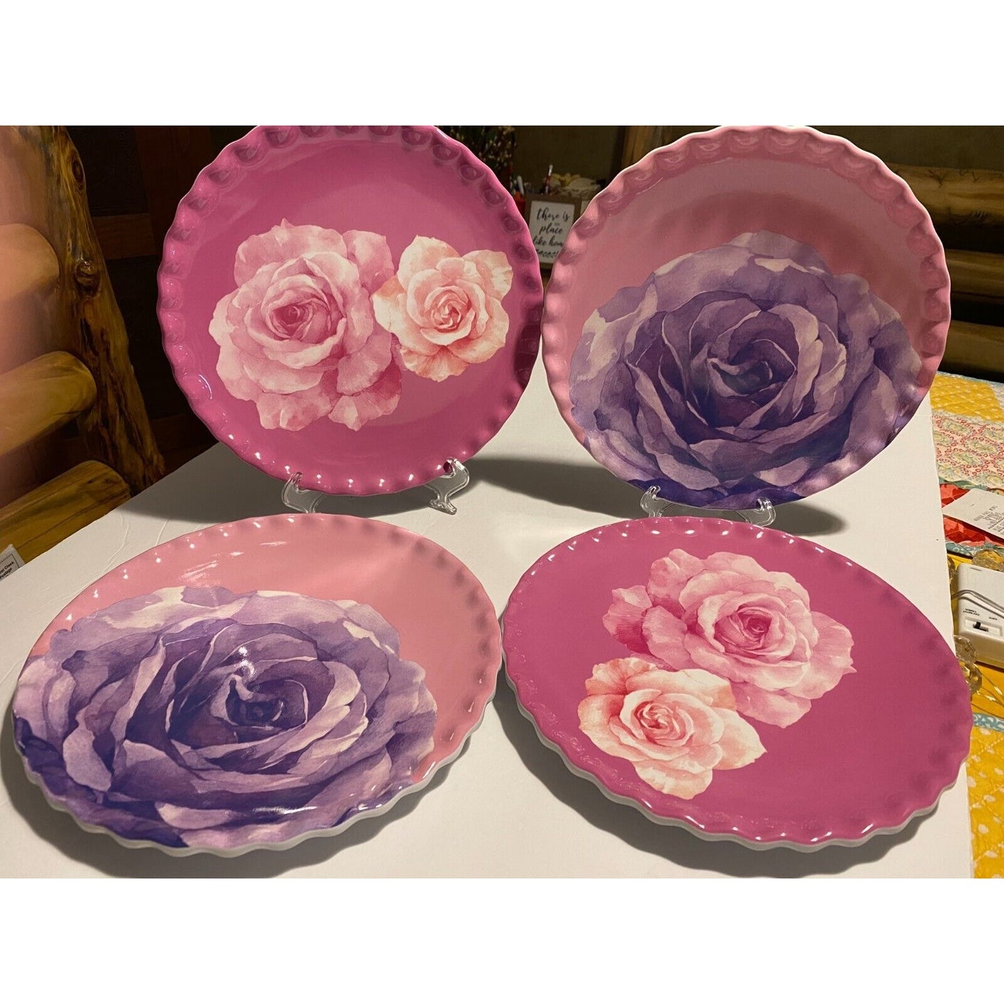 Set of 4 Jolie Fleur Roses 9” Plates Melamine Pink Purple Shabby Chic