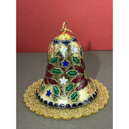 Cloisonné Christmas Bell Ornament Poinsettia Red Green Gold