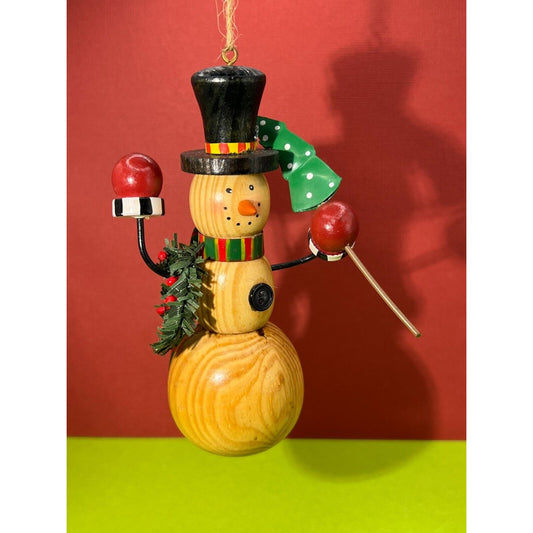 Wooden Snowman Holding Christmas Tree Ornament 5"