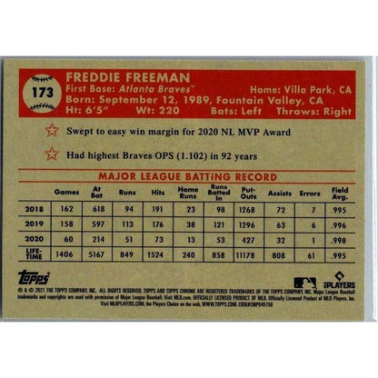 2021 Topps Chrome Platinum Anniversary #173 Freddie Freeman Atlanta Braves