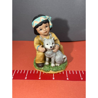 Vintage Homco Native American Indian Boy Wolf Dog Pup & Girl Sheep 4" h.