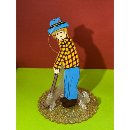 Wooden Golfer Plaid Hand Painted Christmas Ornament