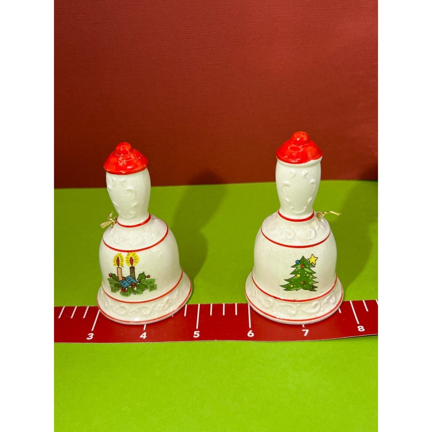 Pair of 2 Christmas Bells (Poinsettia & Candle) (Christmas Tree) Small Cute VTG