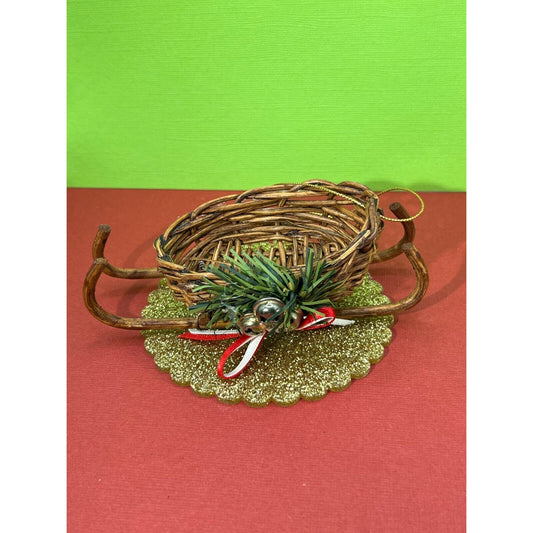 Primitive Wicker Basket Snow Sleigh Christmas Ornament w/ Bells