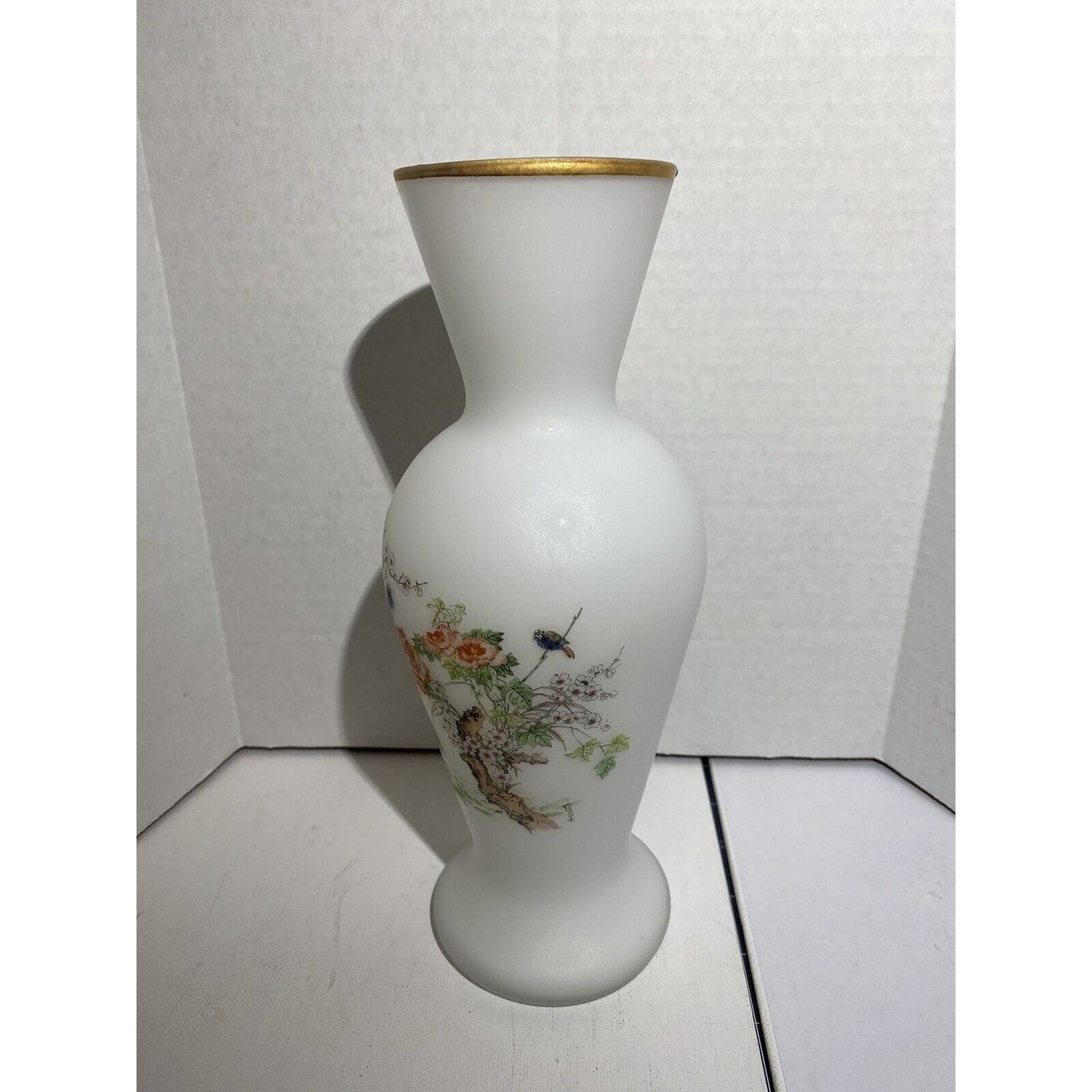 Satin Frosted White Glass Vase Hand Painted Floral Scene 9.25”