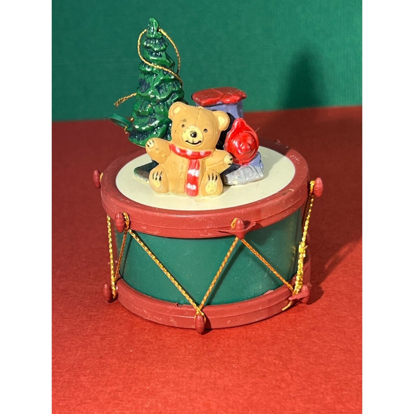 Vintage Christmas Toys on Drum Ornament Teddy Bear, Train, & Tree