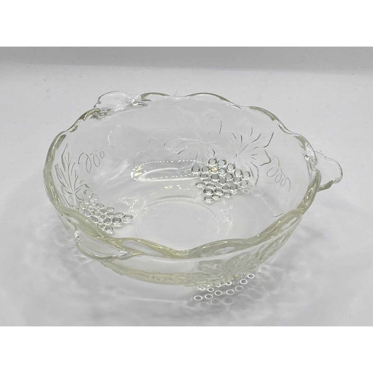 Clear Pressed Glass Bowl with Grape Motif and Scalloped Edges Vintage