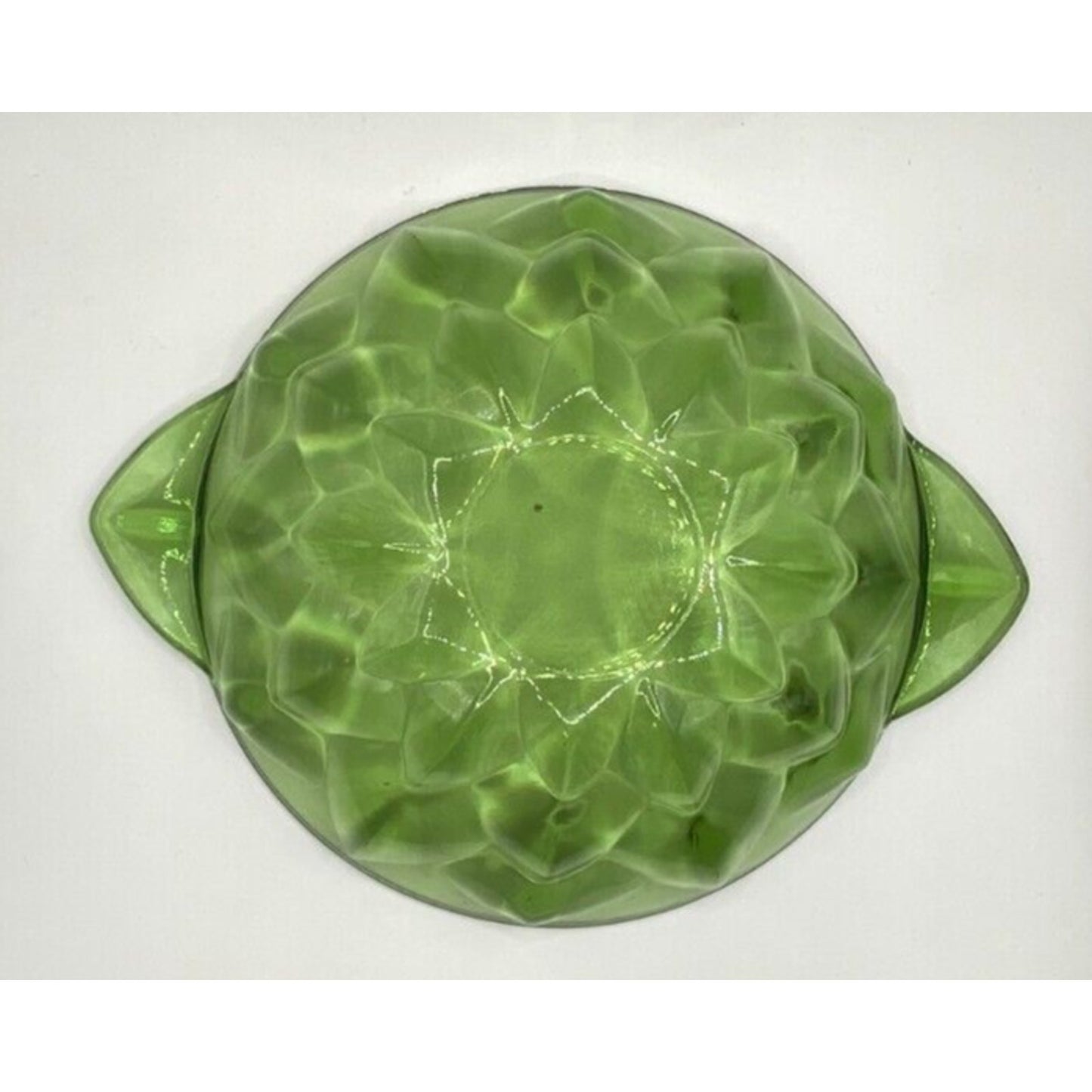 Green Perspective Two Handle Nappy, Geometric Green Glass Bowl Vintage