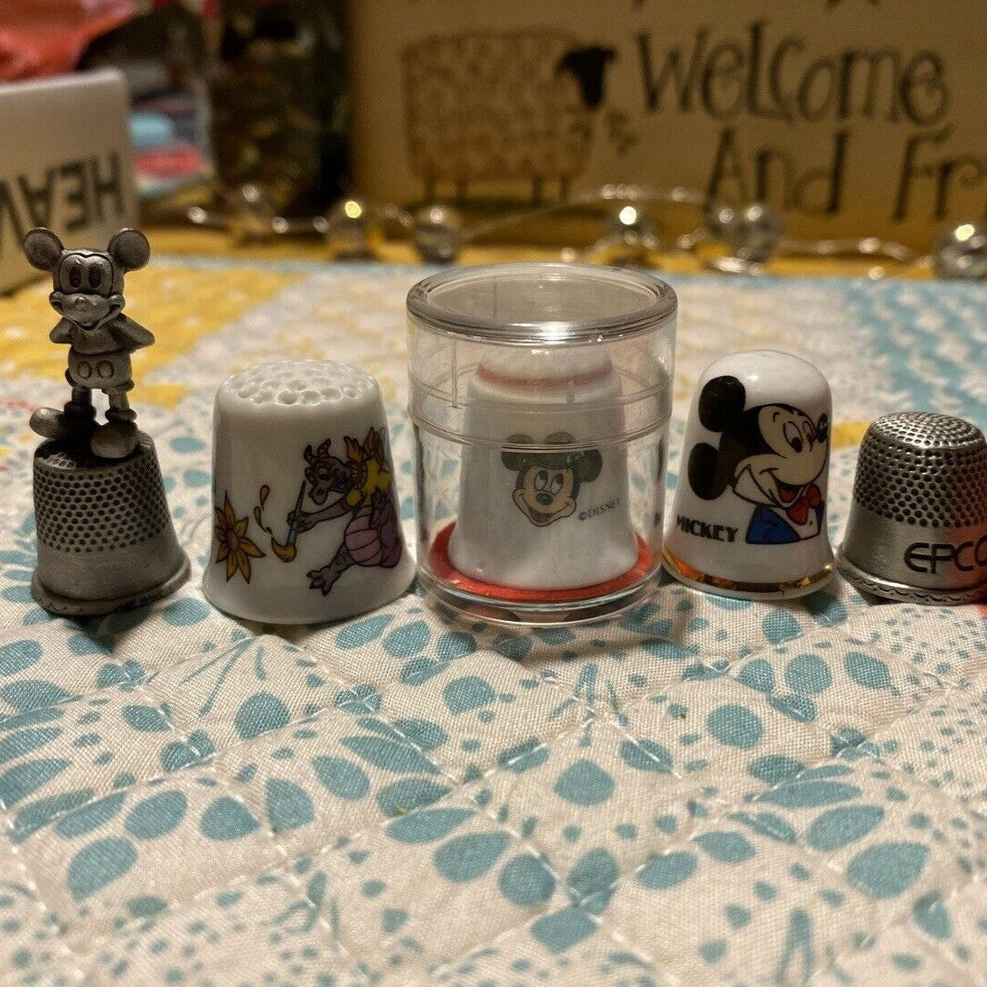 Lot Of 5 Disney Thimbles (3 Mickey Mouse & 2 Epcot Center)