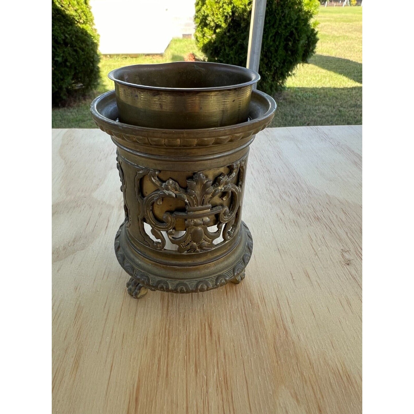 Vintage Victorian Cast Metal Brush Pot Pencil Holder Vase Candle Holder