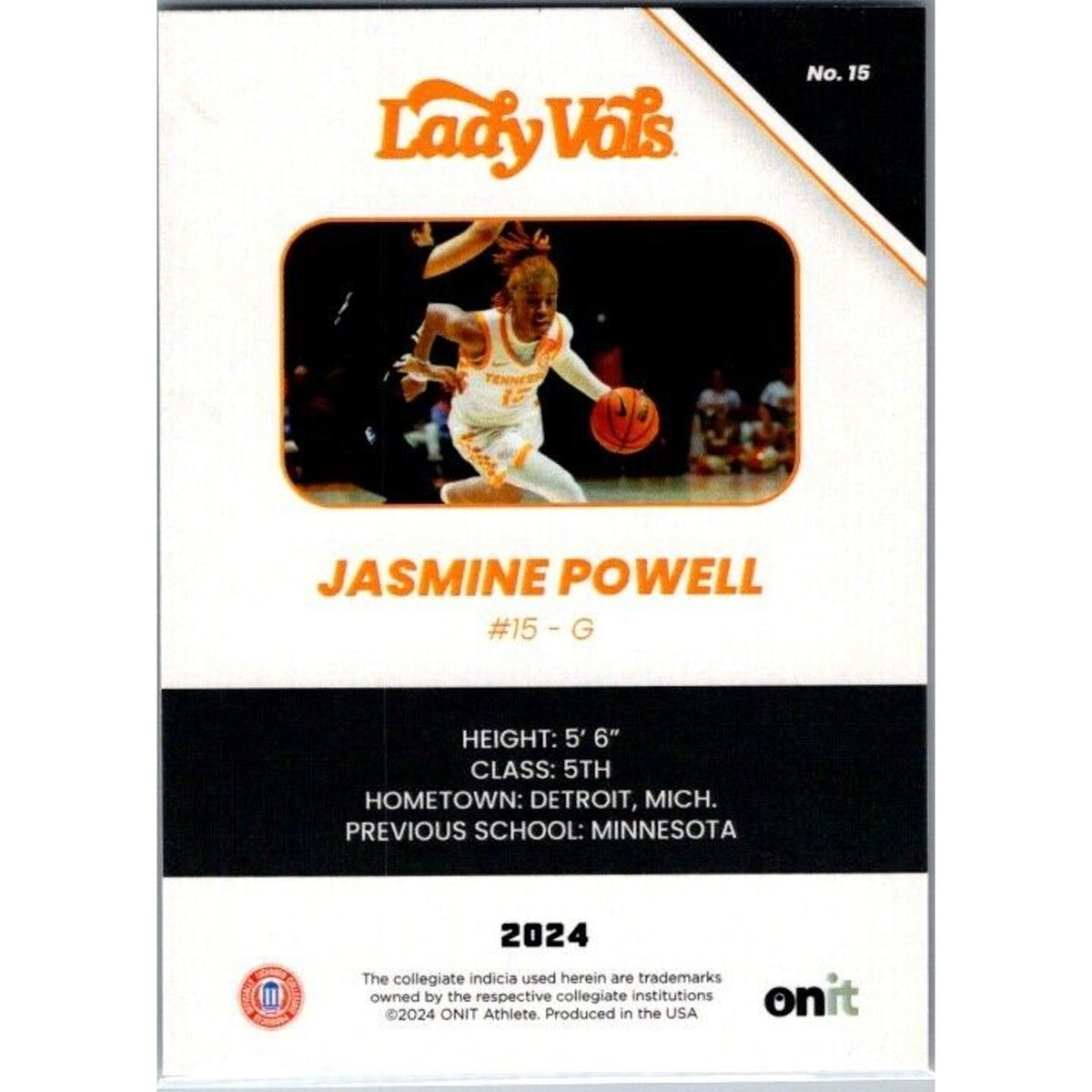 23-24 Onit #15 Jasmine Powell Tennessee Lady Vols Basketball Black Parallel