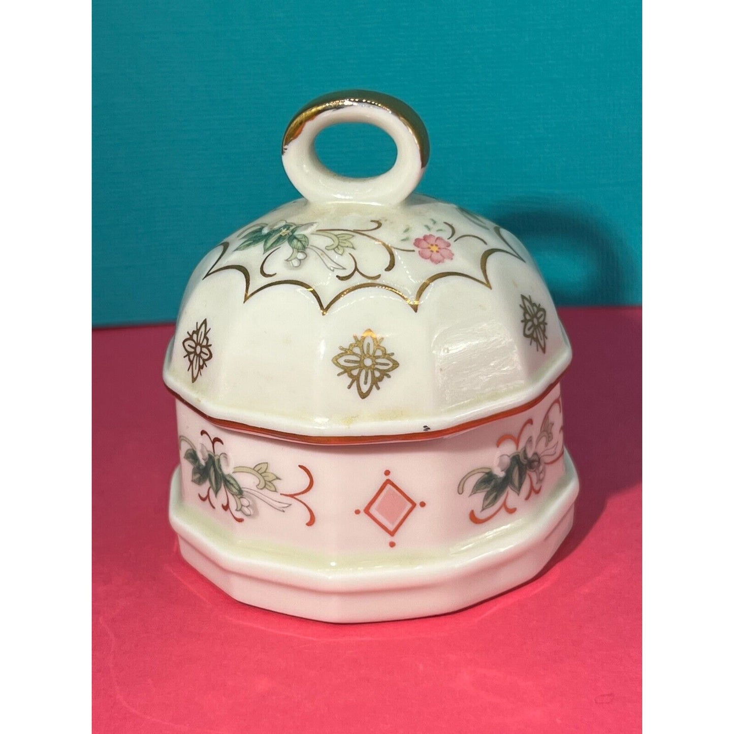 Trinket Box White Porcelain Pink & Green Gold Accents 3in chipped