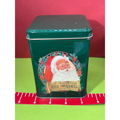 Merry Christmas Santa with Holly Berries Green Vintage Tin Cute Square Base