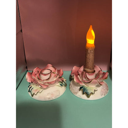 Set of 2 Commodore Japan Rose Candle Holder Pink w/ Gold (Minor Chips)