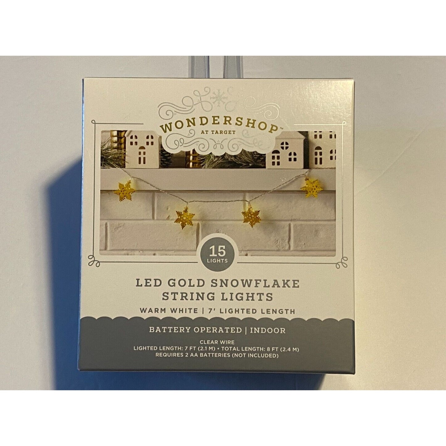 LED Gold Snowflake String Lights Warm White 7' Lighted Length Battery Timer NIB