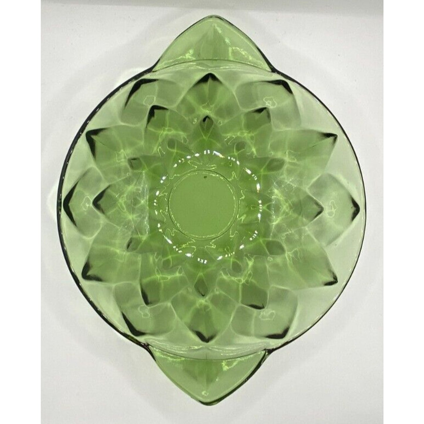 Green Perspective Two Handle Nappy, Geometric Green Glass Bowl Vintage