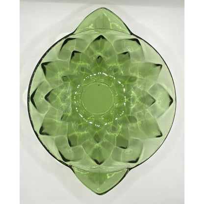 Green Perspective Two Handle Nappy, Geometric Green Glass Bowl Vintage