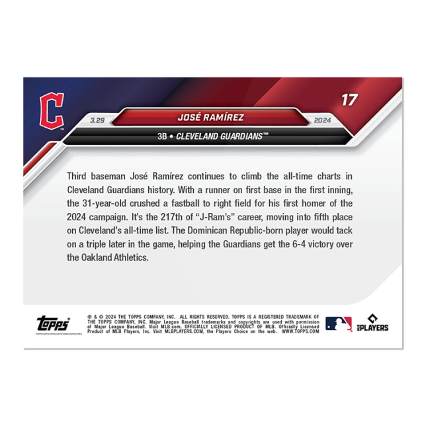 José Ramirez Cleveland Guardians - 2024 MLB TOPPS NOW® Card 17 - PR: 560