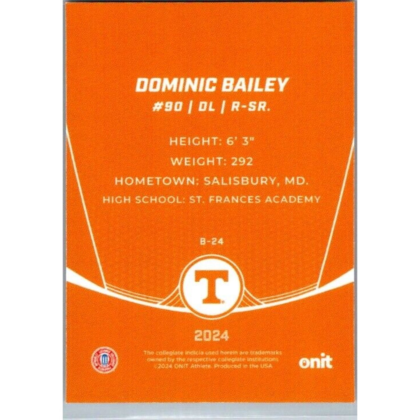 2024 Onit Football #B-24 Dominic Bailey Tennessee Volunteers