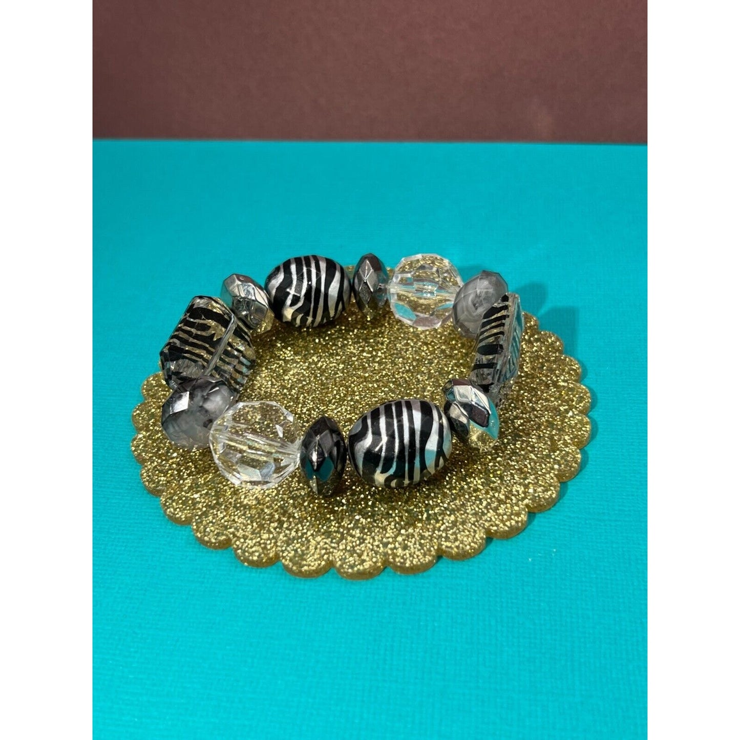 Beaded Stretch Bracelet Clear, Silver, & Black Zebra Striped Beads