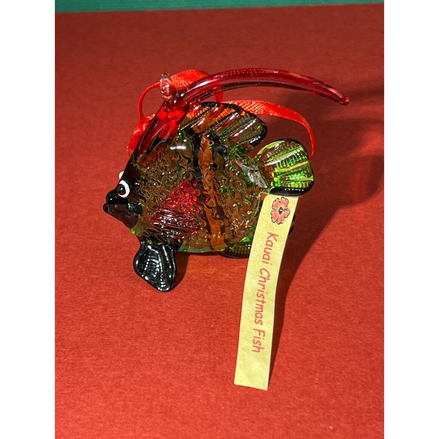 Art Glass Tropical Fish Green Yellow Red Black 2.5 Inch Ornament