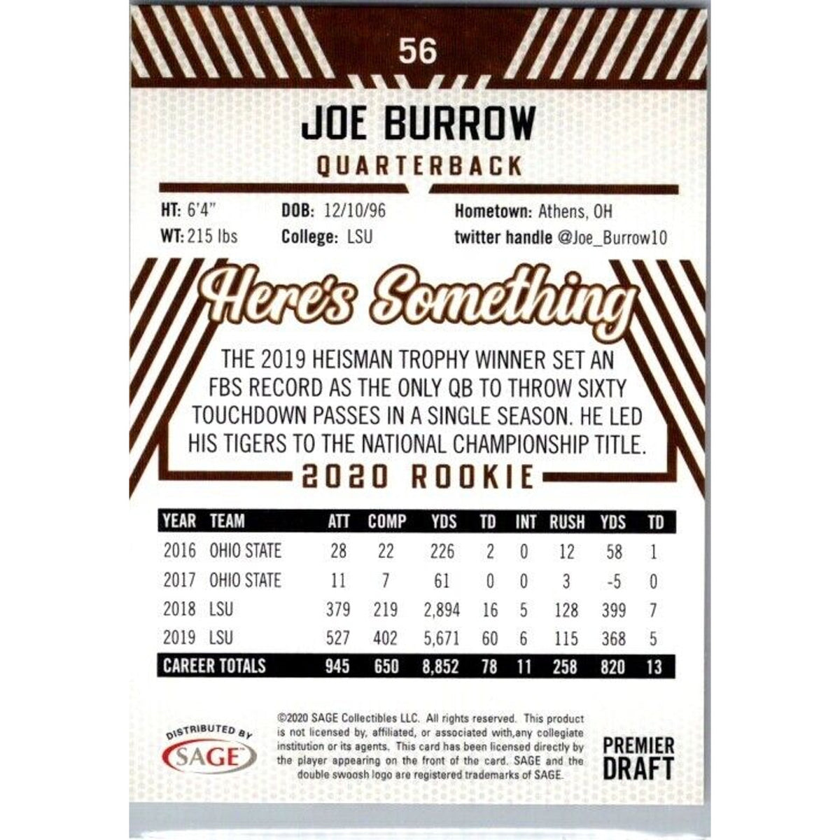 Joe Burrow 2020 Sage Hit Premier Draft Football #56 Red Rookie LSU Ohio State