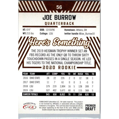 Joe Burrow 2020 Sage Hit Premier Draft Football #56 Red Rookie LSU Ohio State