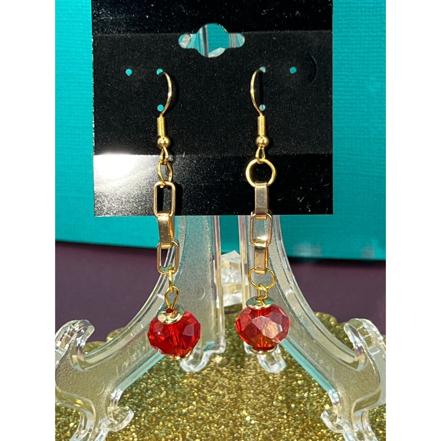 Long Red with Gold Colored Dangle Earring Set Estate Sale Jewelry