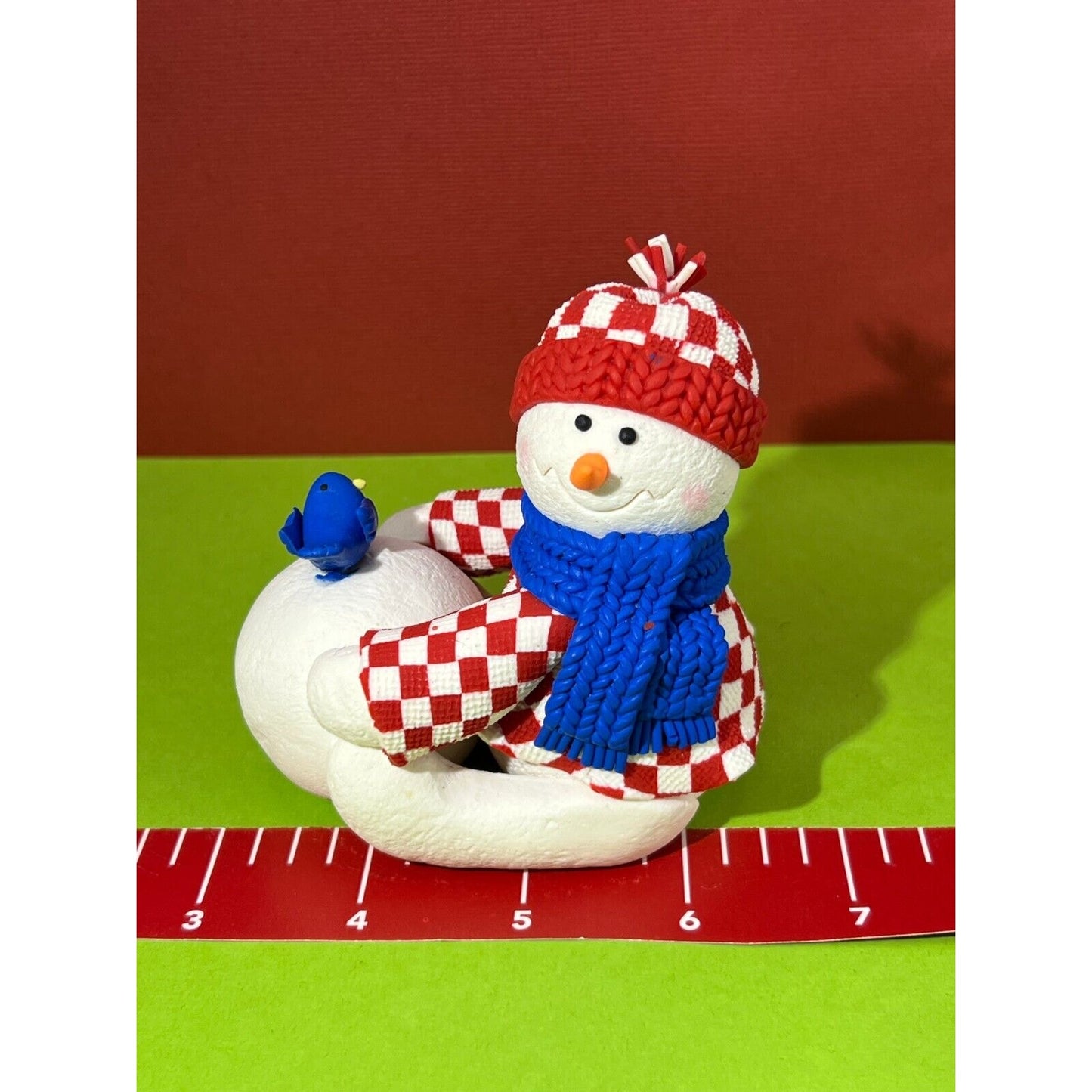 2 Snowmen Figurines Snowball Bluebird Birdhouse Checkered Jackets Blue Scarves