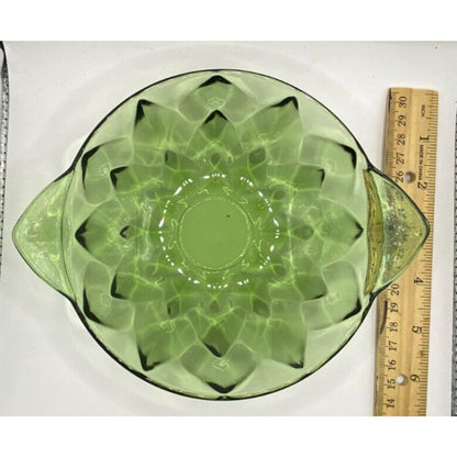 Green Perspective Two Handle Nappy, Geometric Green Glass Bowl Vintage