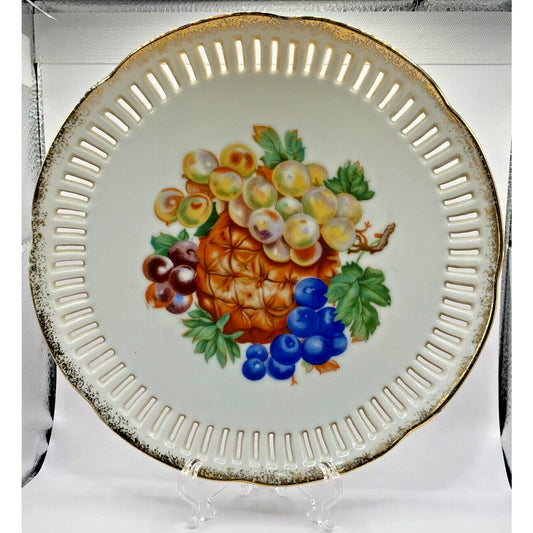 Vintage Fruit Handpainted Hanging Wall Plate Gold Trim Made in Japan