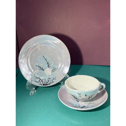 Lusterware Japan Dogwood 3pc Set Cup Saucer & Dessert Plate Vintage 1940s