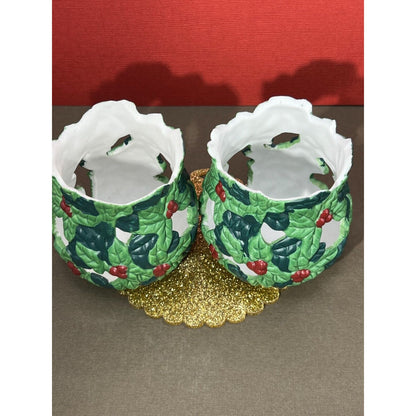 Christmas Poinsettia & Holly Berries Tealight (not incl) Candle Holder Set 2pcs