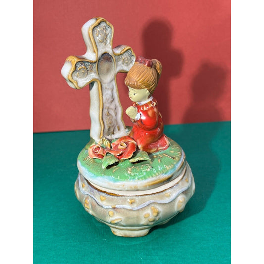 Religious Girl Kneeling Praying Cross Trinket Box Ceramic Lidded Ceramic Roses