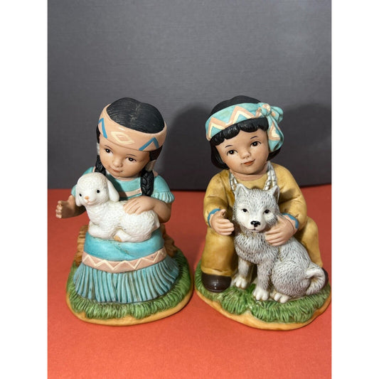 Vintage Homco Native American Indian Boy Wolf Dog Pup & Girl Sheep 4" h.