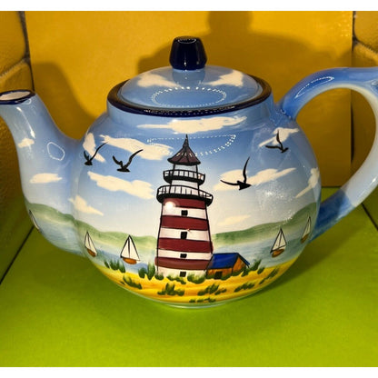 2004 TMD Nautical lighthouse & Sailboats & Seagull's Scene teapot VTG *Read Desc