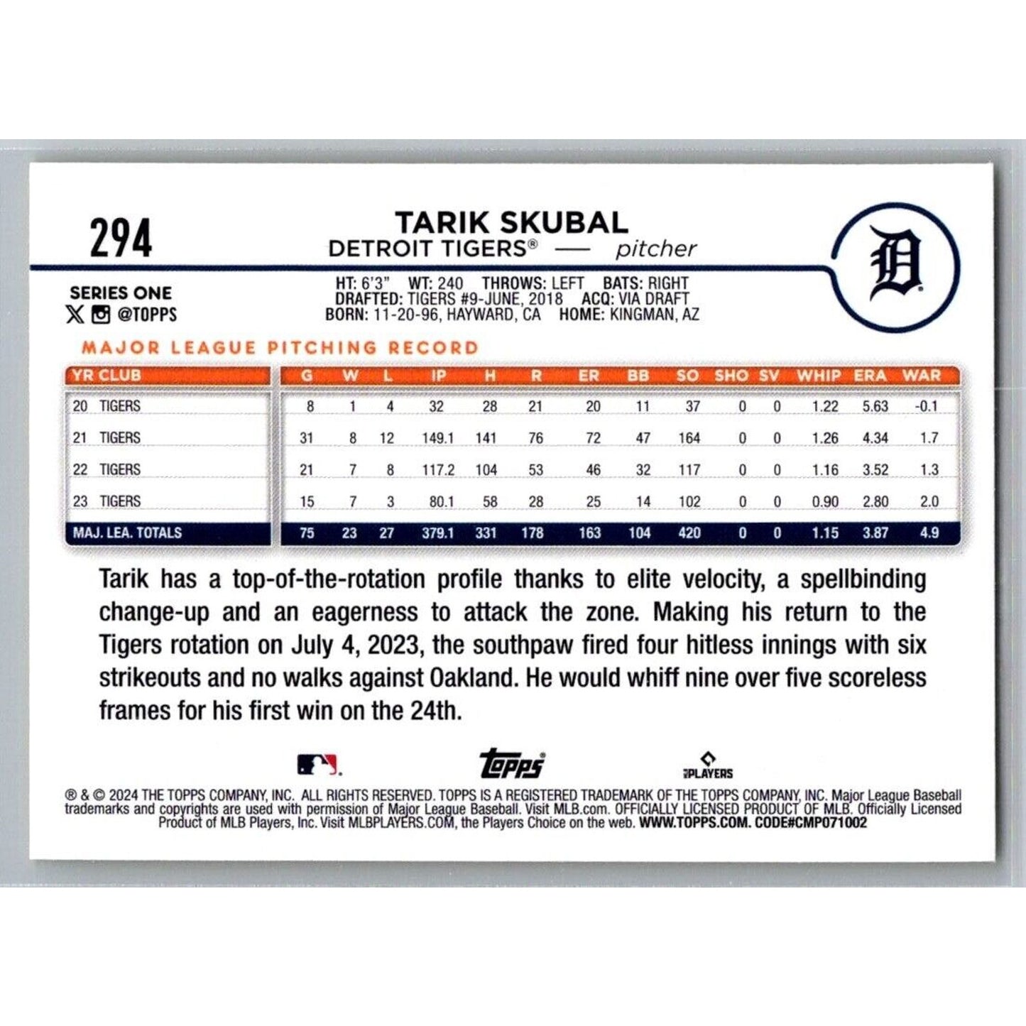 2024 Topps #294 Tarik Skubal Detroit Tigers Yellow