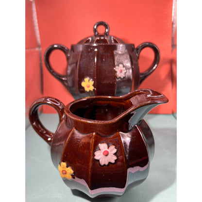 Sugar Bowl and Creamer Brown Enamel Flowers Occupied Japan Vintage