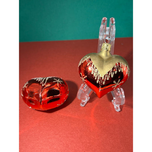 Vintage Blown Glass Red Heart Ornament Trimmed in Gold Glitter Lot of 2