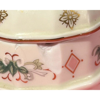 Trinket Box White Porcelain Pink & Green Gold Accents 3in chipped