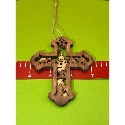 Wooden Nativity Christmas Hanging Cross Ornament AC1594