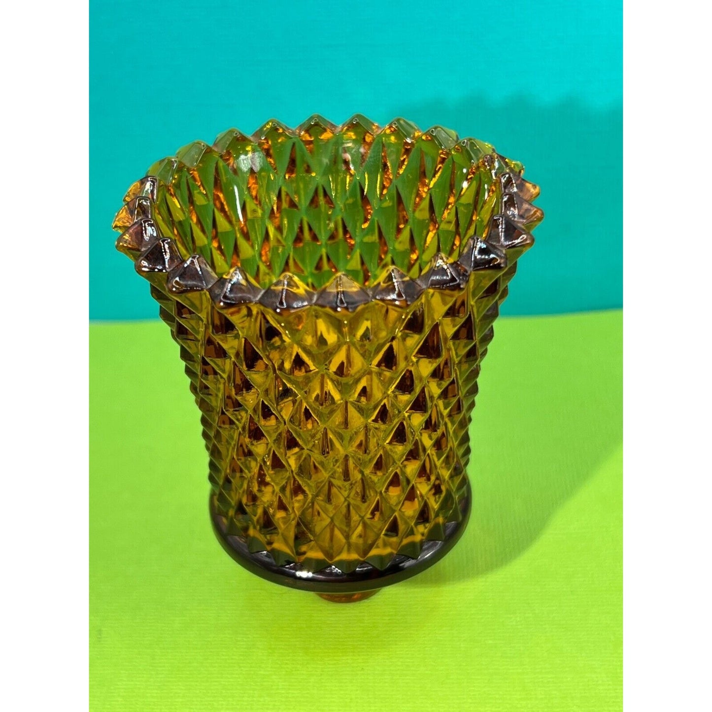 Amber Diamond Point Hobnail Pegged Glass Votive Candle Holder Vintage