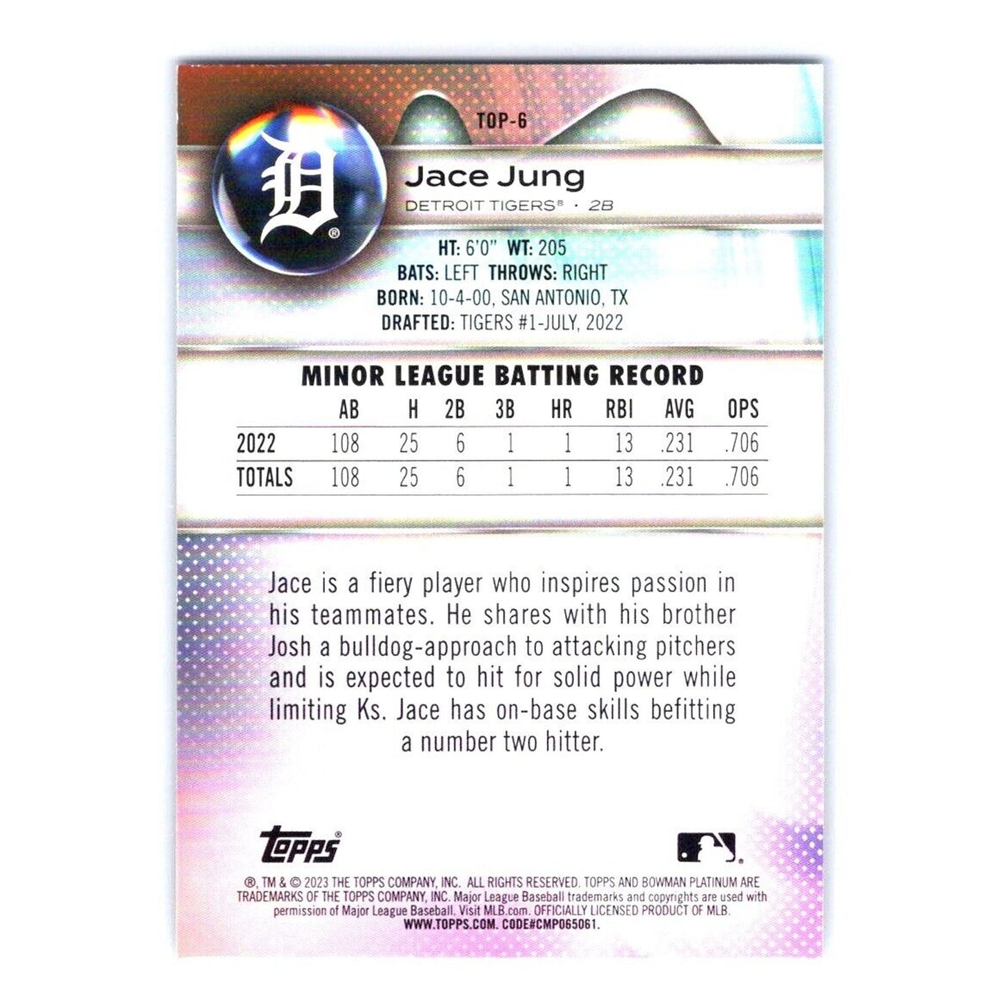 2023 Bowman Platinum #TOP-6 Jace Jung Top Prospects Aqua Ice Foil #/250