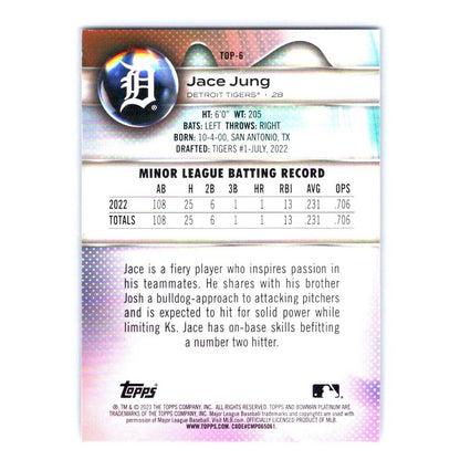 2023 Bowman Platinum #TOP-6 Jace Jung Top Prospects Aqua Ice Foil #/250