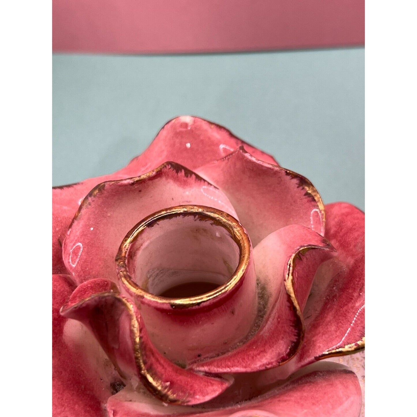 Set of 2 Commodore Japan Rose Candle Holder Pink w/ Gold (Minor Chips)