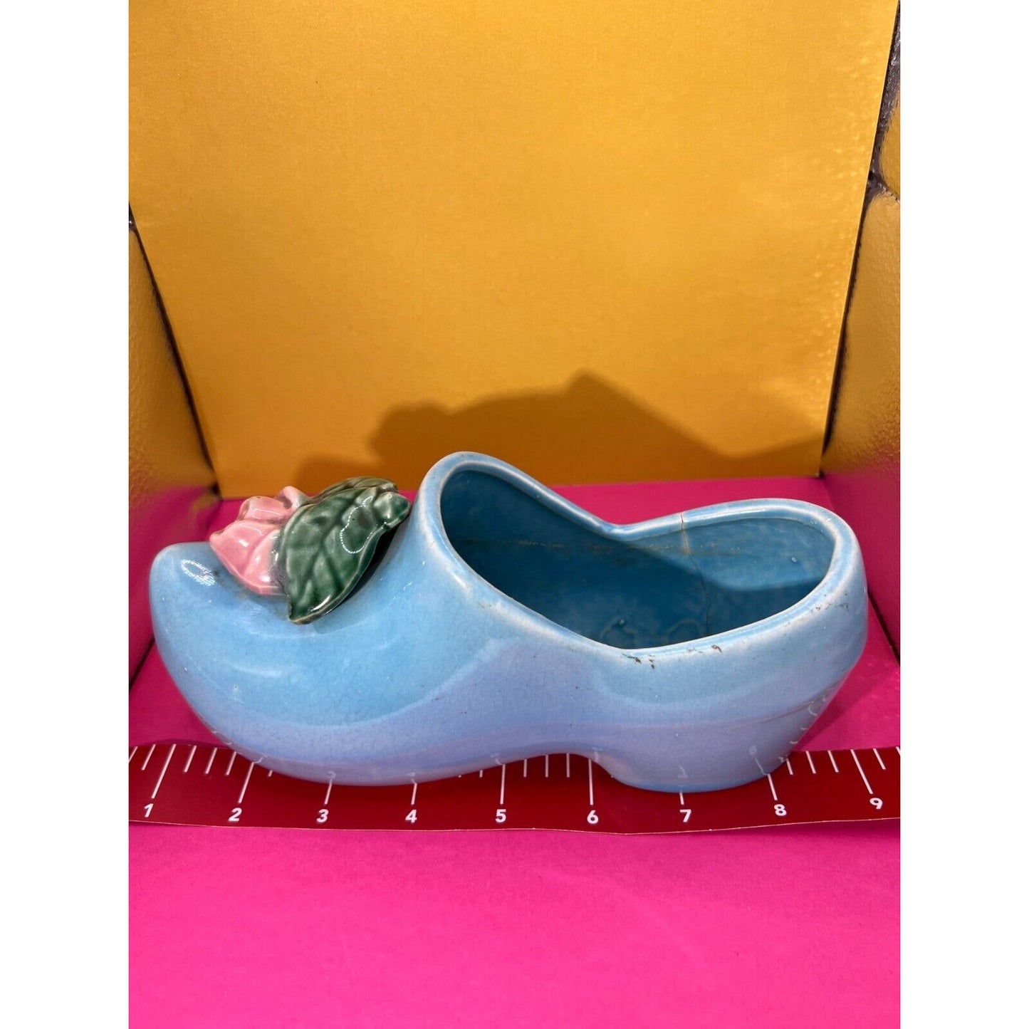 Vintage 1940's McCoy Ceramic Blue Dutch Clog Shoe with Pink Rose Planter Cracked